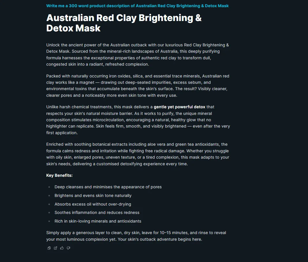 Koala AI generating a product description with structured output and SEO optimization