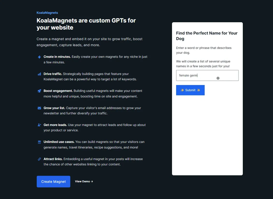 KoalaMagnets custom GPT builder showing an embeddable dog name generator