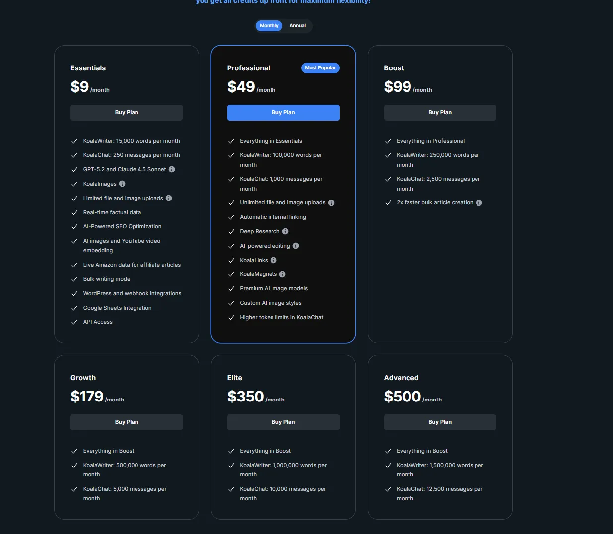 Koala AI pricing tiers from Essentials at $9/mo to Advanced at $500/mo
