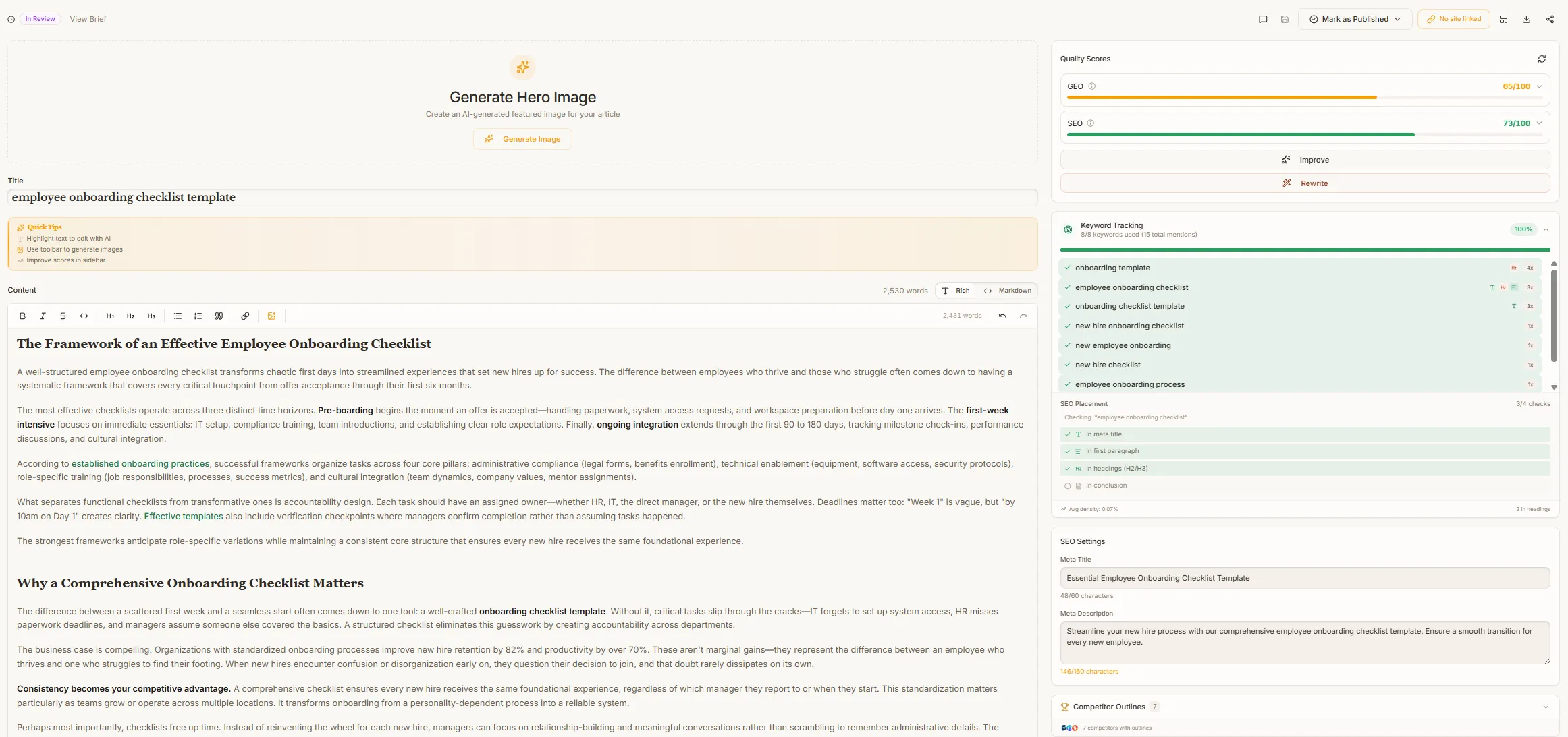 Frase SEO brief workflow with optimization targets