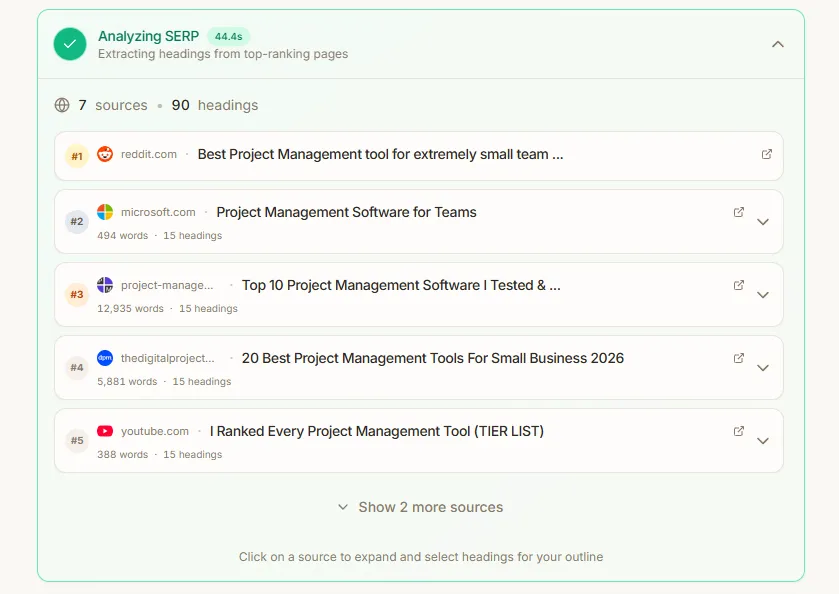 Frase SERP analysis comparison view