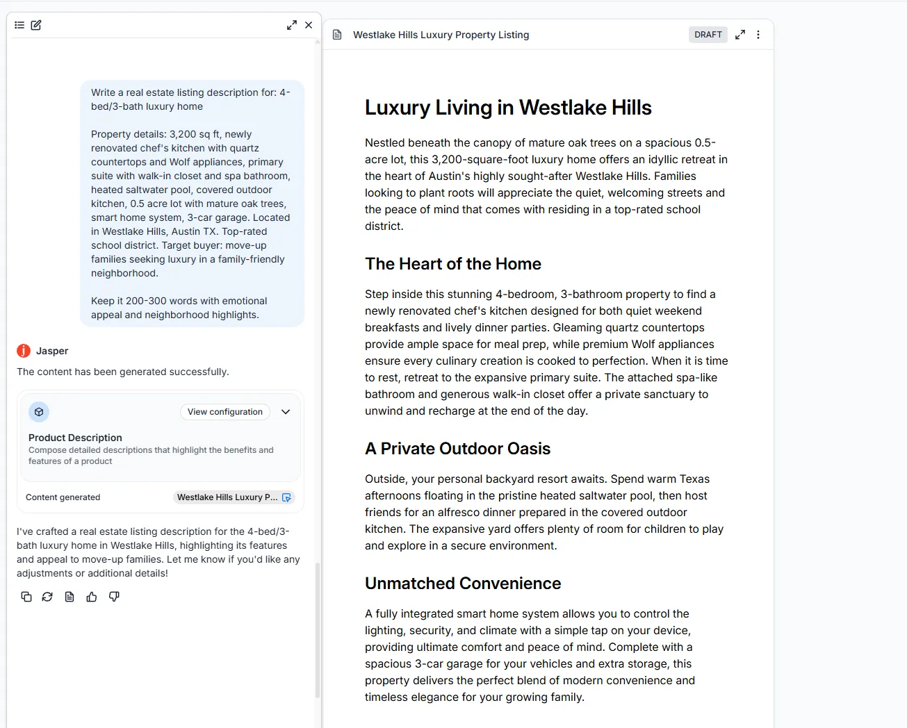 Jasper AI generating a luxury home listing description