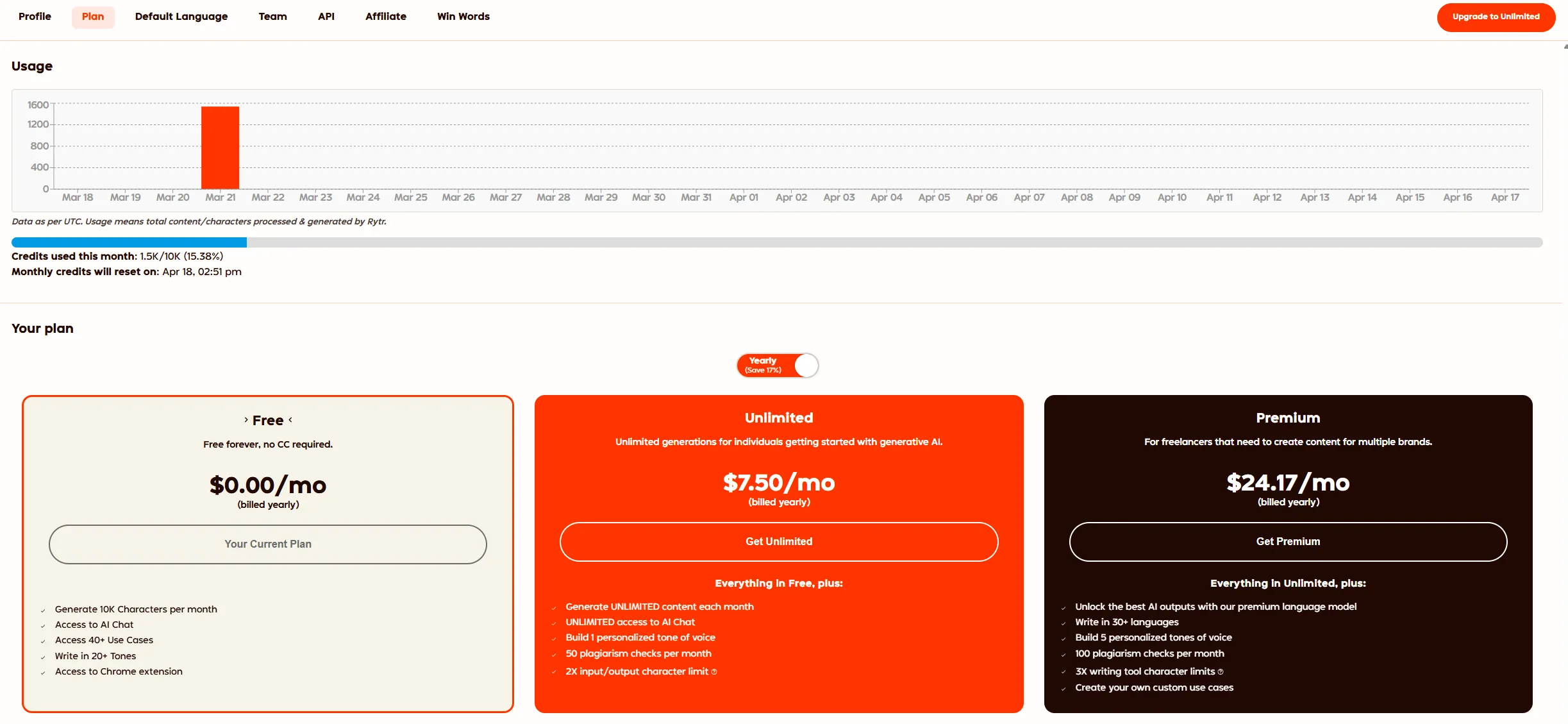 Rytr pricing plans: Free at $0/mo, Unlimited at $7.50/mo billed yearly, Premium at $24.17/mo billed yearly