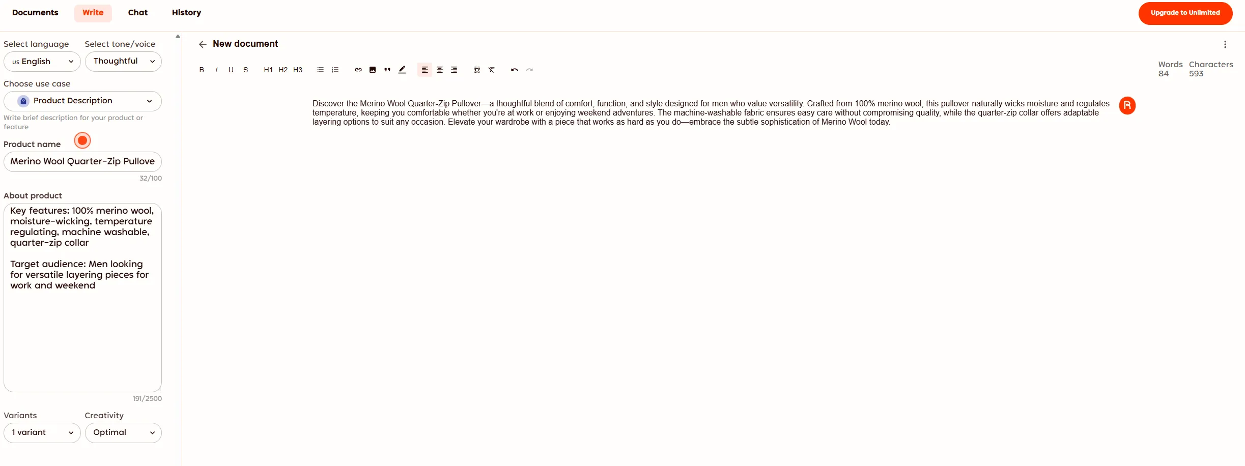 Rytr generating a Merino Wool Quarter-Zip Pullover product description with Thoughtful tone (84 words, 593 characters)