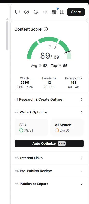 Surfer AI article generation settings and SEO output
