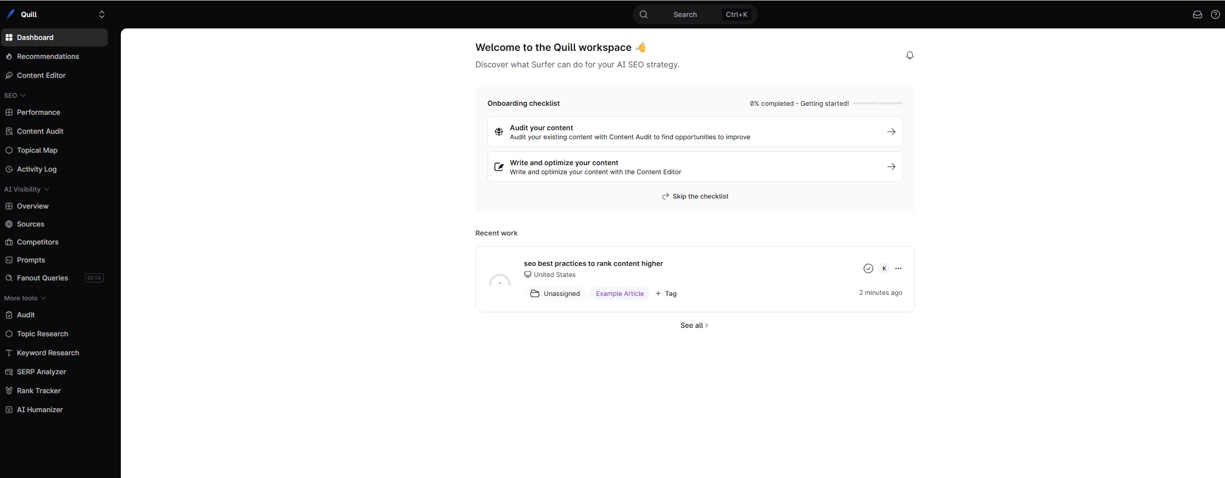 Surfer SEO dashboard overview