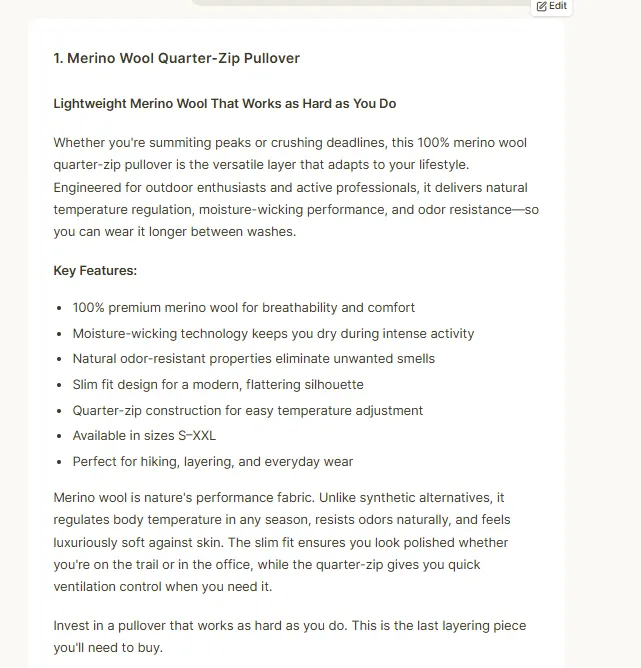 Writesonic generating a Merino Wool Quarter-Zip Pullover product description
